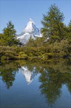 Snow-covered Matterhorn reflected in the lake