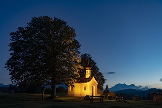 Chapel Maria Rast at the blue hour with Wetterstein mountains in the background