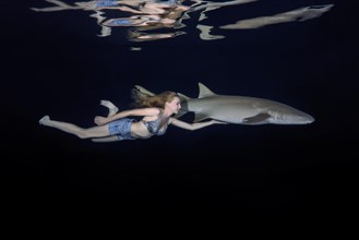 Young beautiful woman swims with shark at night