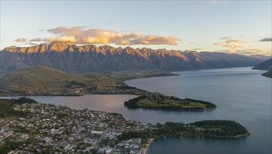 View of Lake Wakatipu and Queenstown at sunset