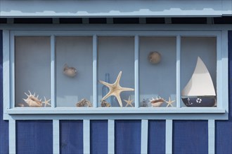 Window with starfish and maritime decorations on a fisherman's hut
