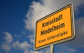 Yellow place-name sign of the city Mindelheim
