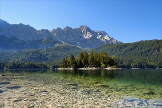 Lake Eibsee lake with Sasseninsel and Zugspitze
