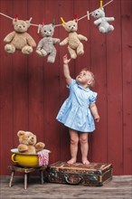 Three year-old girl reaching for teddy bears on clothesline