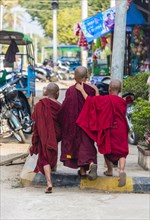 Young Buddhist monks walk on street