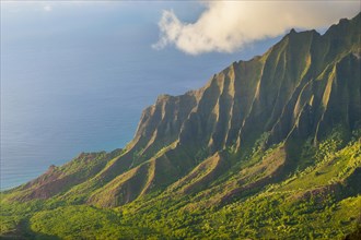 Napali coast with green mountains seen from the Kalalau lookout
