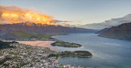 View of Lake Wakatipu and Queenstown at sunset