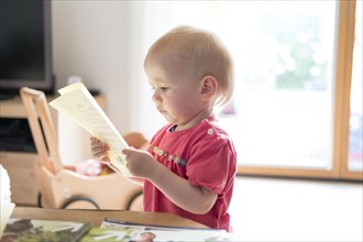 Toddler looking very interested at a text