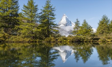 Snow-covered Matterhorn reflected in the lake