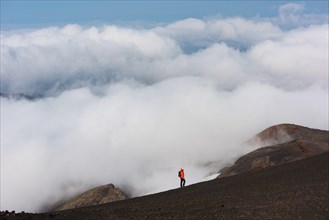 Hiker on lava field
