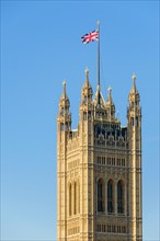 Union Jack flag flown above Victoria Tower