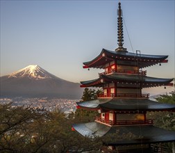 Japanese Chureito Pagoda in front of Mount Fujiyama at sunrise