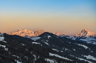 Lofer Mountains and Kitzbuheler Horn at sunrise in winter
