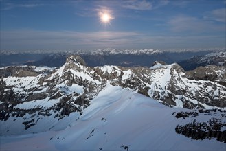 Santis Mountain overlooking Alpstein massif at full moon