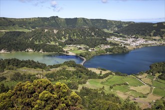 View from Miradouro do Cerrado das Freiras into the volcanic crater Caldera Sete Cidades with the crater lakes Lagoa Verde and Lago Azul