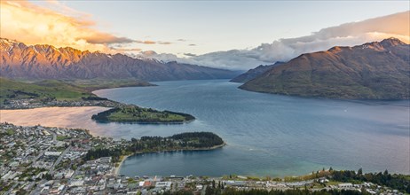 View of Lake Wakatipu and Queenstown at sunset