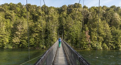Female hiker crossing suspension bridge