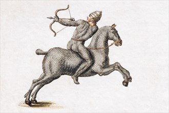 Horseman with bow and arrow in harness