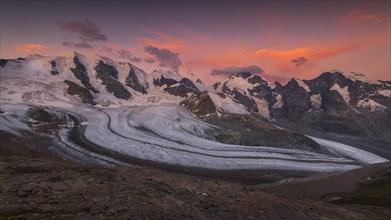 Panoramic view of the Bernina Group at dawn