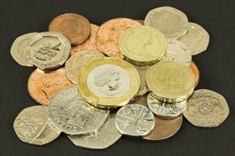 Variety of British currency coins
