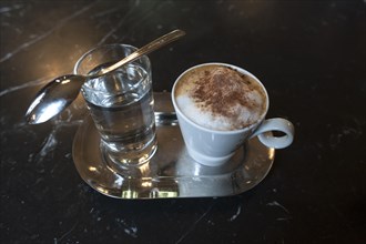 Cappuccino with cocoa powder and glass of water on marble table