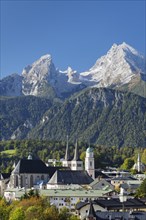 View over Berchtesgaden with collegiate church St.Peter and royal castle to Watzmann
