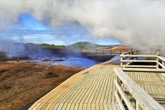 Wooden walkway in the high temperature area near Grindavik