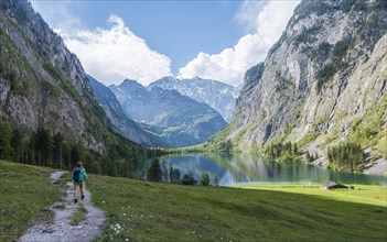 Hiker on trail to Lake Obersee