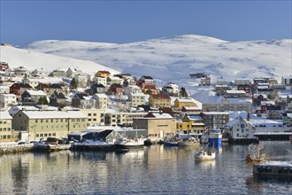 Harbor with snow covered mountains