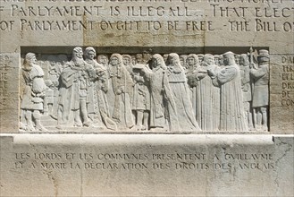 The English Parliament presents Wilhelm von Oranien 1689 the Declaration of Rights Relief at the International Monument of the Reformation