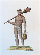 Tattooed Nukahi warrior with club and gourd