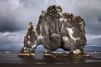 Distinctive basalt rock Hvitserkur at low tide
