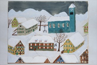Snow-covered village with church in winter