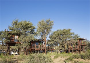 Urikaarus Wilderness Camp with stilt cabins at bank of dry Auob riverbed
