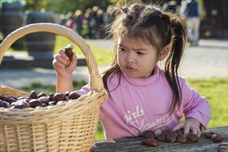 Eurasian girl sitting at wooden table with basket of chestnuts