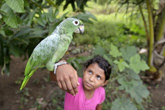 Little girl holds blue-fronted Amazon parrot