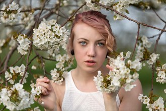 Young woman in cherry blossoms