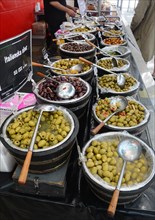 Italian olives in bowls on a street market