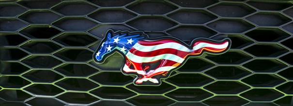 Horse figure in colors of the USA flag on grille of a Ford Mustang car
