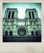 Vintage polaroid photo of facade of Notre Dame Cathedral