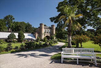 White bench and palm tree in front of the arched building