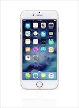 Gold white Apple iPhone 6 6s with desktop icons on display
