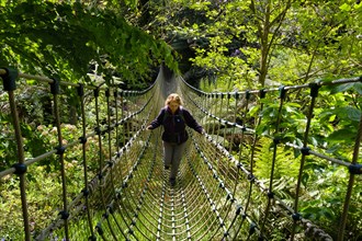 Woman on Burma suspension bridge in the Jungle