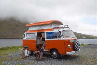 Camping with VW bus on the waterfront