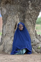 Old woman leaning against the trunk of an old tree