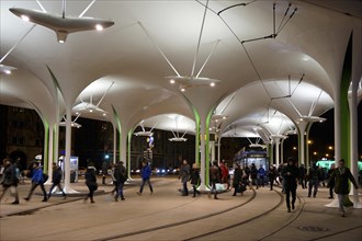 Tram stop and bus station Munchener Freiheit at night