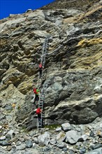 Alpine trail with metal ladders in the rock to the Monte Rosa hut