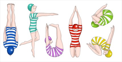 Women in colourful swimsuits at high diving
