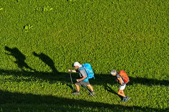 Two hikers crossing a meadow and casting shadows