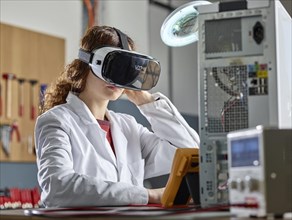Woman with VR goggles and lab coat sitting in front of PC open in an electronics laboratory